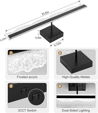 Black Bathroom Vanity Light Fixtures Over Mirror 25.6inch, Dimmable 3CCT 12W LED Bathroom Light Fixture, Modern Vanity Wall Lighting for Bedroom, Dressing Room, Cloak Room