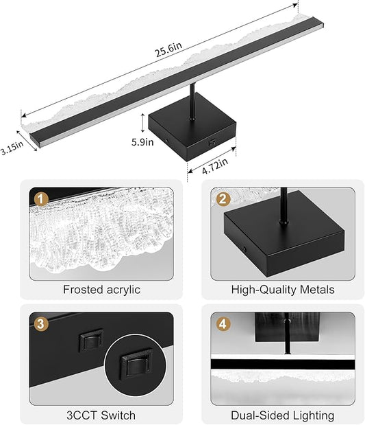 Black Bathroom Vanity Light Fixtures Over Mirror 25.6inch, Dimmable 3CCT 12W LED Bathroom Light Fixture, Modern Vanity Wall Lighting for Bedroom, Dressing Room, Cloak Room