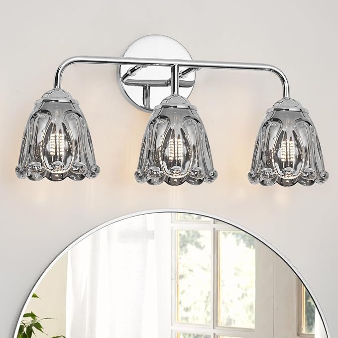 Vintage 3 Light Vanity Light, Chrome Bathroom Vanity Light, Bathroom Light Fixtures with Smokegray Glass Shade, Antique Vanity Light Fixtures Over Mirror, Wall Sconce for Bedroom, Living Room