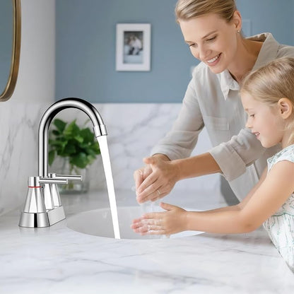 4" Bathroom Sink Faucet, 2-Handle Chrome, Pop-Up Drain Included | 360° swivel spout, ceramic cartridge, 20% water-saving aerator, RV ready