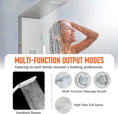 Fuz LED Shower Panel Tower System with Rainfall Waterfall Shower, Brushed Nickel Shower Tower with Jets and Rainfall and Handheld, 5 in 1 Stainless Steel Shower Column High Pressure with Tub Spout