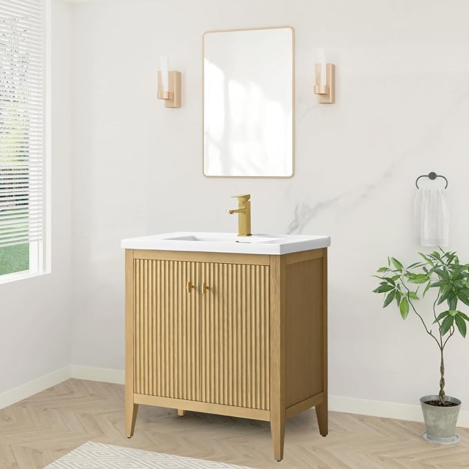 HOMEBEYOND 30" Bathroom Vanity with Ceramic Sink, Solid Wood Free-Standing Vanities Cabinet, Ceramic Top, Golden Brushed Handware & Soft Closing Door, Natural Oak