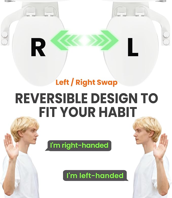 Toilet Bidet With Left/Right Side Reversible Design, Fresh Water, Non-Electric, Toilet Bidet Attachment, Right/Left Hand Side with Dual Nozzle, Self-Clean, Easy to Install (White Knob)