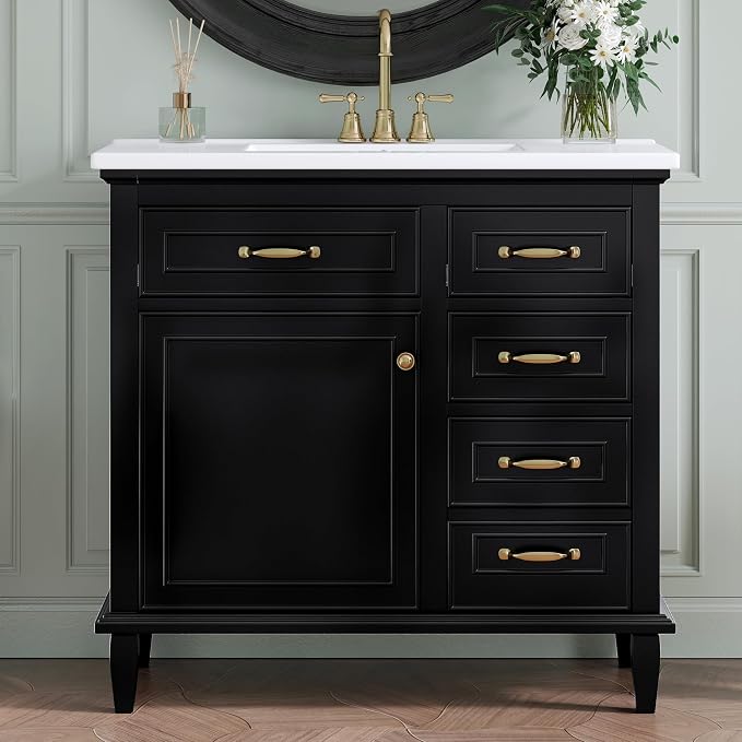 36" Bathroom Vanity with Ceramic Sink Top, Soft-Close Door & Flip Drawers, Freestanding Storage Cabinet W/Adjustable Shelf, Solid Wood Frame for Bathrooms, Powder Room, Guest Bath,Black
