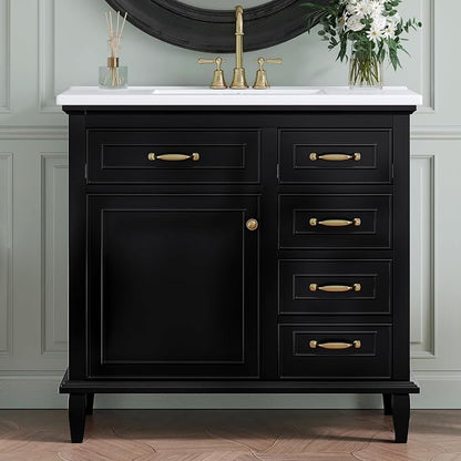 36" Bathroom Vanity with Ceramic Sink Top, Soft-Close Door & Flip Drawers, Freestanding Storage Cabinet W/Adjustable Shelf, Solid Wood Frame for Bathrooms, Powder Room, Guest Bath,Black