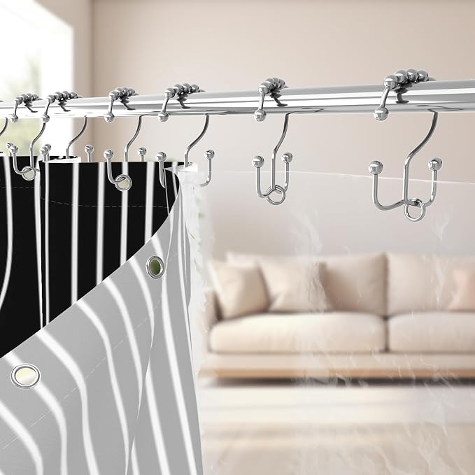 3 in 1 Shower Curtain Set, Boho Mid Century Modern | 72x72 Inches Polyester Bath Curtain with Magnetic PEVA Liner and 12 Double Sided Stainless Steel Hooks, Black and White
