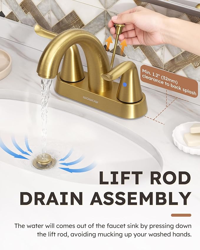 WOWOW 4 Inch Bathroom Sink Faucet - Brushed Gold Centerset Vanity Faucet with Lift Rod Drain Modern Mixer Tap for Rv Sink