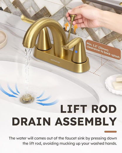 WOWOW 4 Inch Bathroom Sink Faucet - Brushed Gold Centerset Vanity Faucet with Lift Rod Drain Modern Mixer Tap for Rv Sink