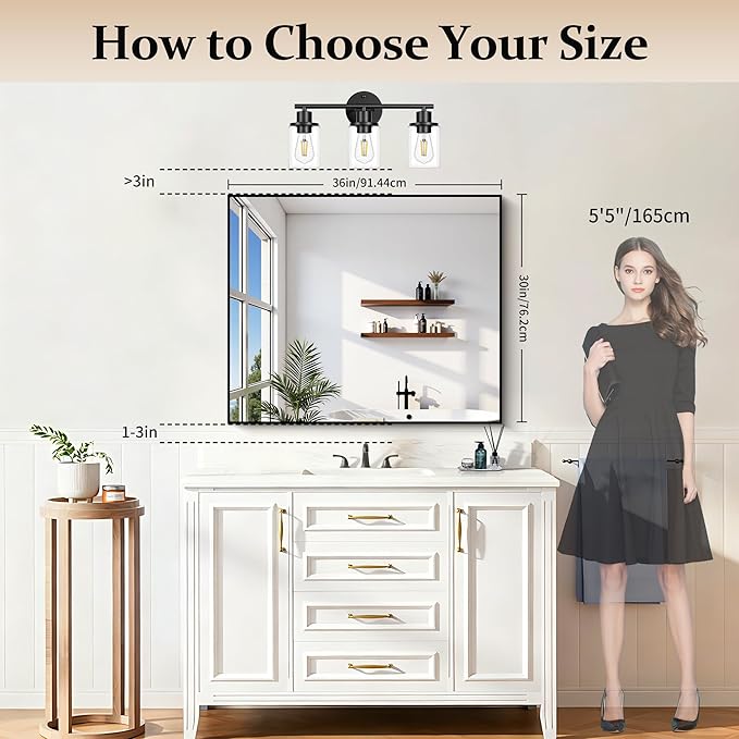 Black Bathroom Mirror for Wall, 30x36 Inch Rectangle With Metal Frame, Modern Vanity for Bathroom Living Room, Entryway Hangs Horizontal or Vertical