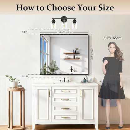 Black Bathroom Mirror for Wall, 30x36 Inch Rectangle With Metal Frame, Modern Vanity for Bathroom Living Room, Entryway Hangs Horizontal or Vertical