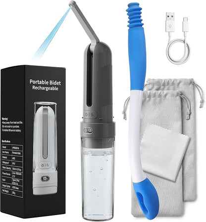 Electric Portable Bidet Toilet Aids Wiper Tool Set, Gray | 2-in-1 travel hygiene kit 15.7" extended length wiping tools 1600mAh Long-lasting Battery USB-C Rechargable IPX7 Waterproof
