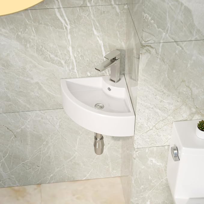 Lordear Wall Mount Corner Bathroom Sink 18 Inch White Ceramic Washing Basin Sector Wall Mount Sink for Small Bathrooms.
