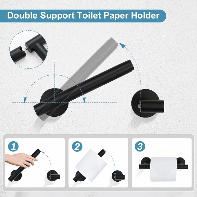TQKAG 8-Pieces Bathroom Hardware Set, Matte Black Bath Towel Bar Set 23.6" | Towel Racks for Bathroom Wall Mounted, SUS304 Stainless Steel, Towel Bar Set Include Paper Holders, Towel Rings, Towel Hooks