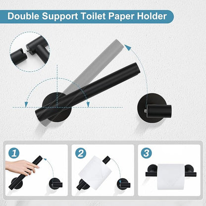 TQKAG 8-Pieces Bathroom Hardware Set, Matte Black Bath Towel Bar Set 23.6" | Towel Racks for Bathroom Wall Mounted, SUS304 Stainless Steel, Towel Bar Set Include Paper Holders, Towel Rings, Towel Hooks
