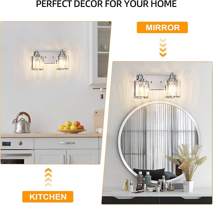 2 Lights Crystal Bathroom Vanity Light Modern Chrome Bathroom Light Fixture Bathroom Lighting Fixtures Over Mirror for Mirror E26 Base