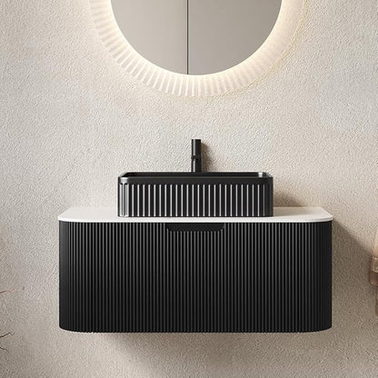 36'' Bathroom Vanities Cabinet with Sink, Wall Mounted Floating Cabinet W/Curved Edges Stripes, Oak Plywood, Soft-Close System with a Drawer, Black Rectangular Ceramic Basin - Kiel, Black/B