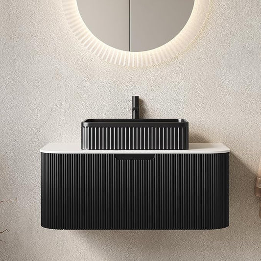 36'' Bathroom Vanities Cabinet with Sink, Wall Mounted Floating Cabinet W/Curved Edges Stripes, Oak Plywood, Soft-Close System with a Drawer, Black Rectangular Ceramic Basin - Kiel, Black/B