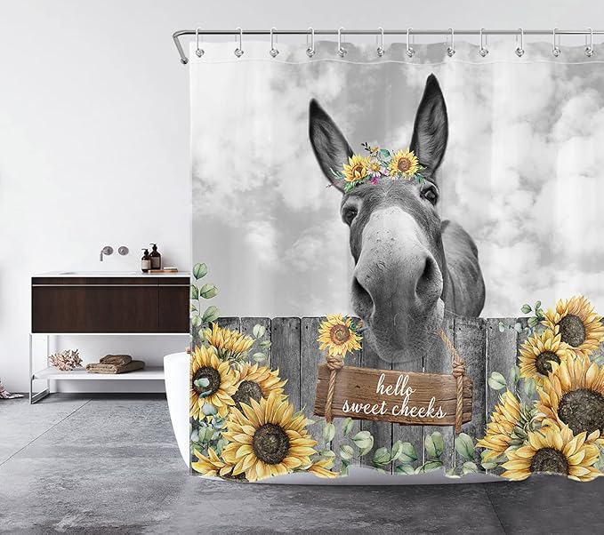HVEST Farmhouse Donkey Shower Curtain with Hooks, Funny Western Animal and Sunflower on Fence Shower Curtain for Bathroom, Yellow Floral with Green Leaf Plant Bathroom Shower Curtain Set, 72X78 inches