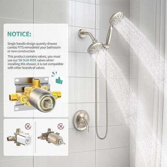 SR SUN RISE Shower System with Handheld Shower and Rain Shower Combo Set High Pressure 5-spray Dual 2 in 1 Shower Faucet Patented 3-way Diverter Brushed Nickel (Valve Include）
