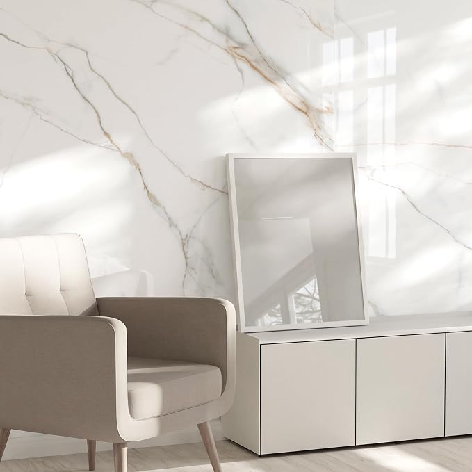 Marble Peel and Stick Waterproof Wall Paneling, 118" x 47" Statuario Gold Glossy Finish Self-Adhesive Backsplash Tile Vinyl Wall Panel for Kitchen Bathroom Wall Decor, Covers 38.75 Sq. Ft.