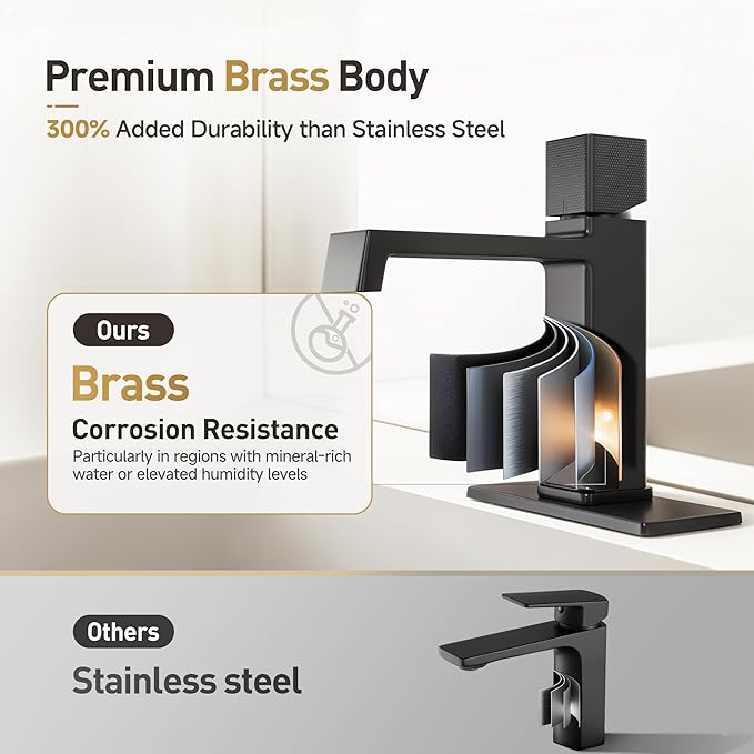Modern Single Hole Bathroom Faucet | 7.4" Matte Black Luxury Single Handle Bathroom Faucet with Solid Brass Body, Spot-Free Finish & Anti-Splash | 1 or 3 Hole | Geometric Square Design