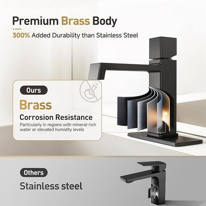 Modern Single Hole Bathroom Faucet | 7.4" Matte Black Luxury Single Handle Bathroom Faucet with Solid Brass Body, Spot-Free Finish & Anti-Splash | 1 or 3 Hole | Geometric Square Design