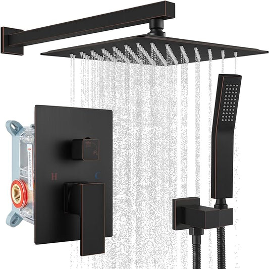 gotonovo Shower Faucet Set with Handheld Spray Oil Rubbed Bronze,10'' Head | SUS304 Rainfall Shower Head and Handle Set System Fixture,Pressure Balance Valve Trim Kit,Single Handle,Wall Mount,All Metal