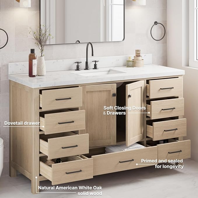 ARIEL Cambridge 60-inch Bathroom Vanity Base Cabinet,Solid Wood, 2 Soft Closing Doors, 9 Dovetail Drawers, White Oak