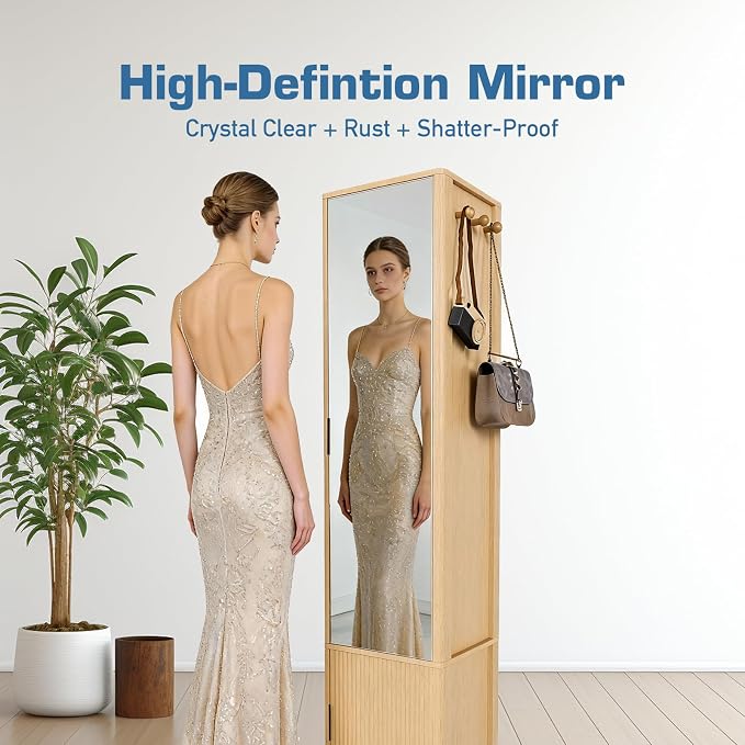 360° Rotating Jewelry Cabinet, 66.5" Standing Jewelry Armoire with Full-Length Mirror + Hidden Storage + 4-Tier Shelf + Coat Racks, Multi-Functional Jewelry Organizer for Bedroom, Entryway