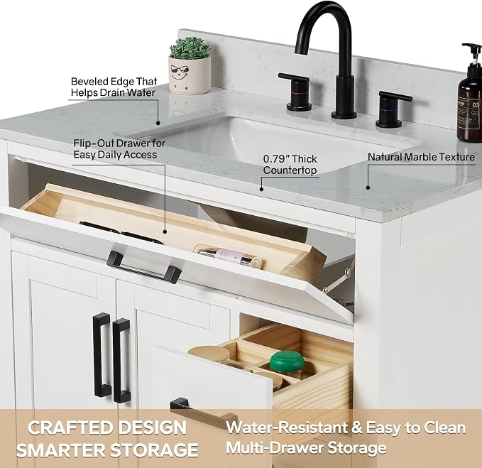 36-inch White Bathroom Vanity with Sink, Solid Wood, 0.79-inch Stone Countertop and Backsplash, 4 Drawers, 2 Soft Closing Doors