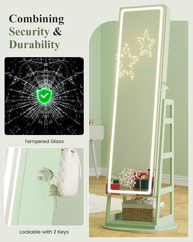 LVSOMT Standing Jewelry Cabinet Mirror with Adjustable LED Light Green | 63" Lockable Jewelry Armoire Organizer with 4 Rear Shelves & Hooks, 360° Swivel, for Bedroom, Living Room, Women Girls Gift