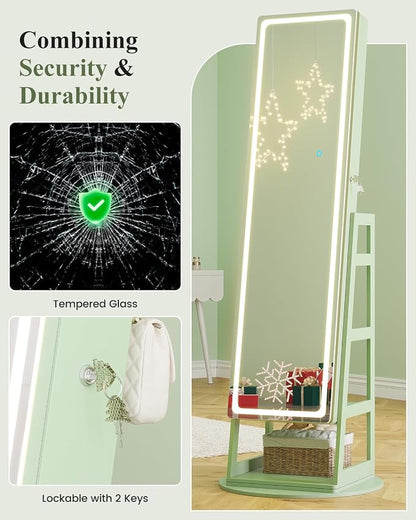 LVSOMT Standing Jewelry Cabinet Mirror with Adjustable LED Light Green | 63" Lockable Jewelry Armoire Organizer with 4 Rear Shelves & Hooks, 360° Swivel, for Bedroom, Living Room, Women Girls Gift