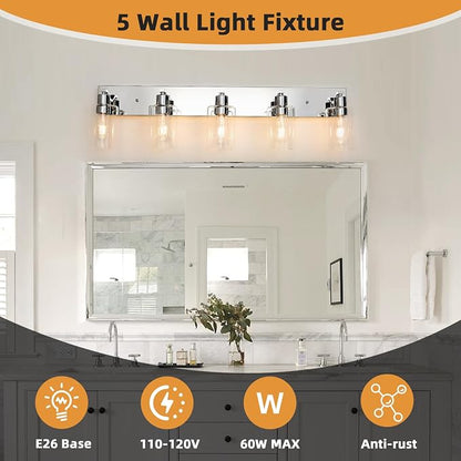 5 Lights Bathroom Light Fixtures Chrome Vanity Light with Clear Glass Shade 36in Modern Bathroom Lighting Fixtures Over Mirror for Bedroom/Living Room