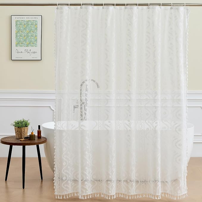 WAZZIO White Lace Shower Curtain - Vintage Pretty Flower Sheer Shower Curtains, Elegant Decorative Tassel Bath Curtains for Bathroom, 72 x 84 Inch, 1 Piece