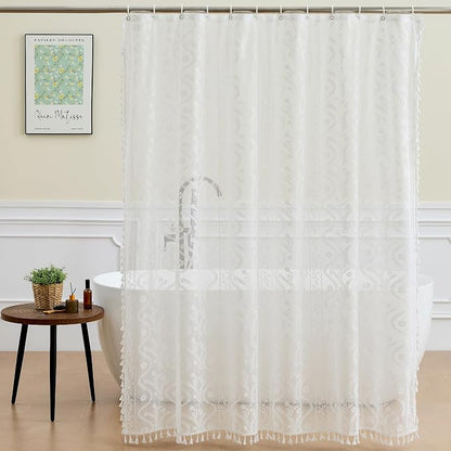 WAZZIO White Lace Shower Curtain - Vintage Pretty Flower Sheer Shower Curtains, Elegant Decorative Tassel Bath Curtains for Bathroom, 72 x 84 Inch, 1 Piece