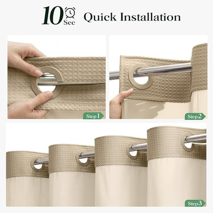 Beige Hook Free Waffle Shower Curtain & Snap-in Fabric Liner,60x75 | Less Time to install, 3 in 1 Fabric Shower Curtain and Liner Set with Magnets, Stall, Shower Curtains for Bathroom
