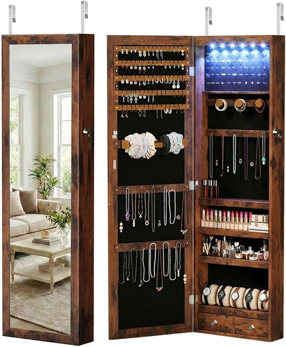 DUMOS 6 LEDs Mirror Jewelry Organizer Cabinet, Jewelry Armoire, 47.2 Inch | Hanging Door or Wall Mounted Mirror, Lockable, Large Capacity Cosmetic Storage, 2 Drawers, Gift Idea, Rustic Brown
