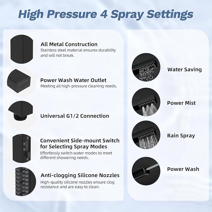 Hibbent 5-Mode 13" Rain Shower head, 4-Spray Handheld Shower, Matte Black | cUPC Certified High Pressure Showerhead Combo, All Metal 4-way Diverter Extension Arm & Handheld Spray, 71'' Hose & Holder