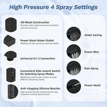 Hibbent 5-Mode 13" Rain Shower head, 4-Spray Handheld Shower, Matte Black | cUPC Certified High Pressure Showerhead Combo, All Metal 4-way Diverter Extension Arm & Handheld Spray, 71'' Hose & Holder