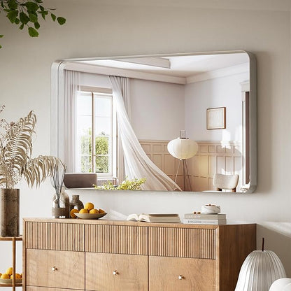 VooBang Bathroom Mirror 30x48 inch, Silver Gorgeous Deep Frame Wall Mirror, Modern Round Corner Bathroom Vanity Mirror for Bedroom, Living Room, Hanging or Leaning Horizontal or Vertical, Silver