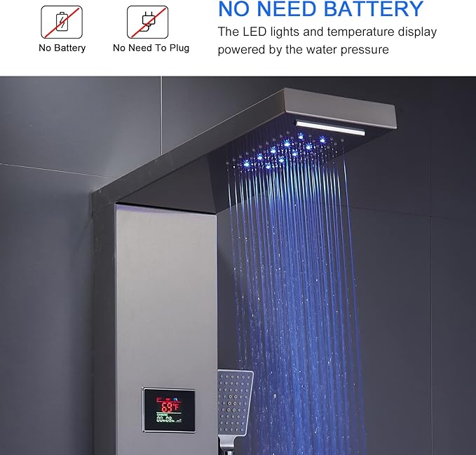 MENATT LED Shower Panel, 5-in-1 Shower Tower System, Rainfall & Waterfall Shower Head, Massage Jets, Tub Spout, Handheld Shower (Brushed)
