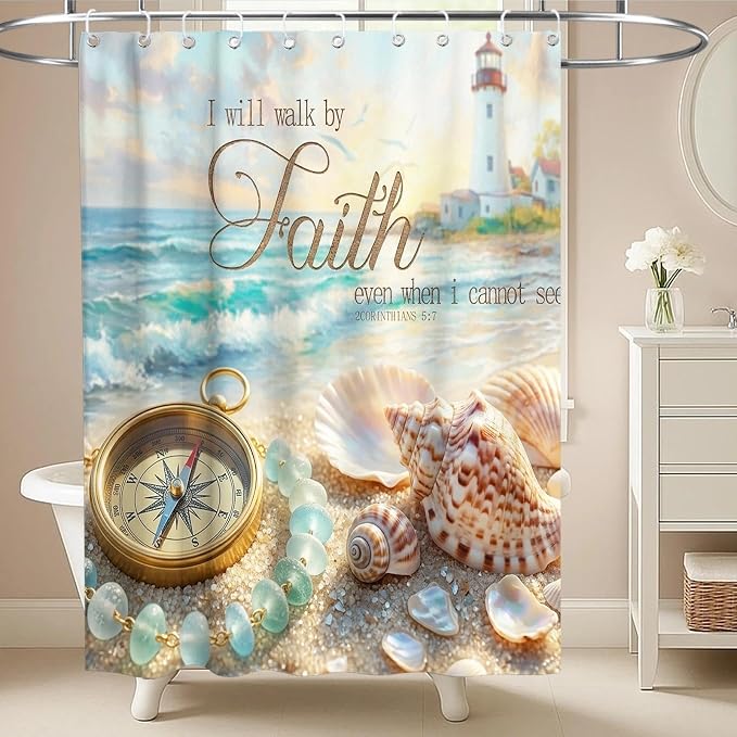 Luxury Aesthetic Ocean Shower Curtain Beach Nautical Funky Inspirational | Pretty Shower Curtains for Bathroom, Waterproof Bath Curtain with Hooks Machine Washable Bathtub Curtains 60x72 Inch Blue