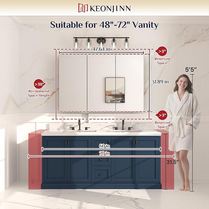 Keonjinn 48" x 32" Oversized Bathroom Medicine Cabinet with Mirror, Silver | Assembly Required, Lightweight Aluminum Structure, Free Adjustable Shelves, Combined Recessed or Surface Mount, DTC Hinges
