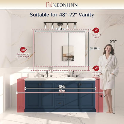 Keonjinn 48" x 32" Oversized Bathroom Medicine Cabinet with Mirror, Silver | Assembly Required, Lightweight Aluminum Structure, Free Adjustable Shelves, Combined Recessed or Surface Mount, DTC Hinges