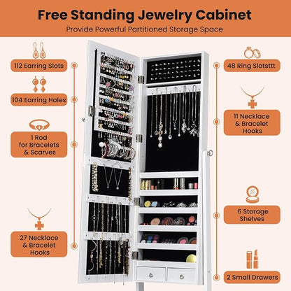 NAFORT Standing Mirrored Jewelry Box, Jewelry Armoire Storage Organizer Large Capacity, Wooden Mirror Jewelry Cabinet, 4 Angle Adjustable Full-length Storage mirror with 2 Drawers, White
