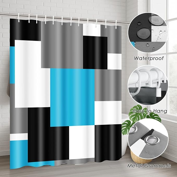 Bathroom Sets with Shower Curtain and Rugs, 4 Pcs, Blue Geometric | Checkered Modern Abstract Bathroom Decor Set with Toilet Lid Cover, Non-Slip Bath Mats and Accessories 12 Hooks