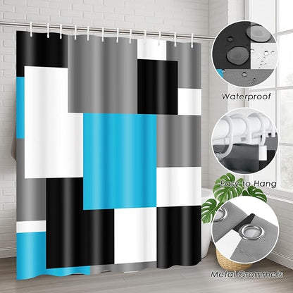 Bathroom Sets with Shower Curtain and Rugs, 4 Pcs, Blue Geometric | Checkered Modern Abstract Bathroom Decor Set with Toilet Lid Cover, Non-Slip Bath Mats and Accessories 12 Hooks