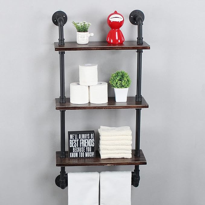 Industrial Pipe Shelf Bathroom Shelves Wall Mounted,19.6in Rustic Wood Shelf with Towel Bar,3 Tier Farmhouse Towel Rack Over Toilet,Pipe Shelving Floating Shelves Towel Holder,Retro Black