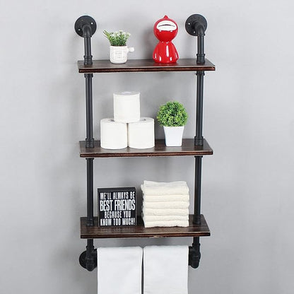 Industrial Pipe Shelf Bathroom Shelves Wall Mounted,19.6in Rustic Wood Shelf with Towel Bar,3 Tier Farmhouse Towel Rack Over Toilet,Pipe Shelving Floating Shelves Towel Holder,Retro Black