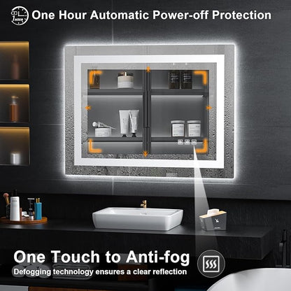 LED Mirror for Bathroom, 40x32 Inch Backlit + Front Lighted Bathroom Vanity Mirror with Lights for Wall, Double Light Strips, 3 Colors, Shatter-Proof, Anti-Fog and Brightness Memory